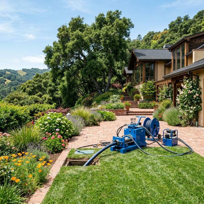 Orinda sewer repair experts operating trenchless pipe replacement equipment on hillside property