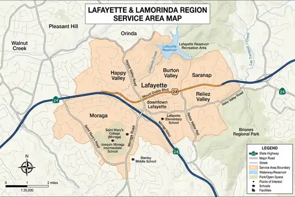 Lafayette CA Trenchless Sewer Repair Service Area Map