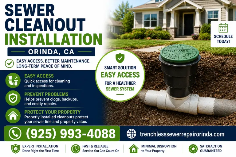 Licensed sewer plumbers installing a dual sweep exterior sewer cleanout in Orinda CA